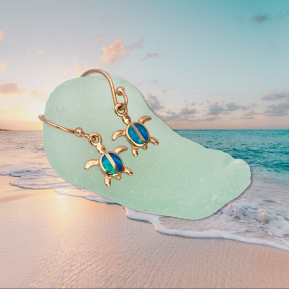 Rose Gold Plated Blue Opal Turtle Earrings - Picture 2 of 2